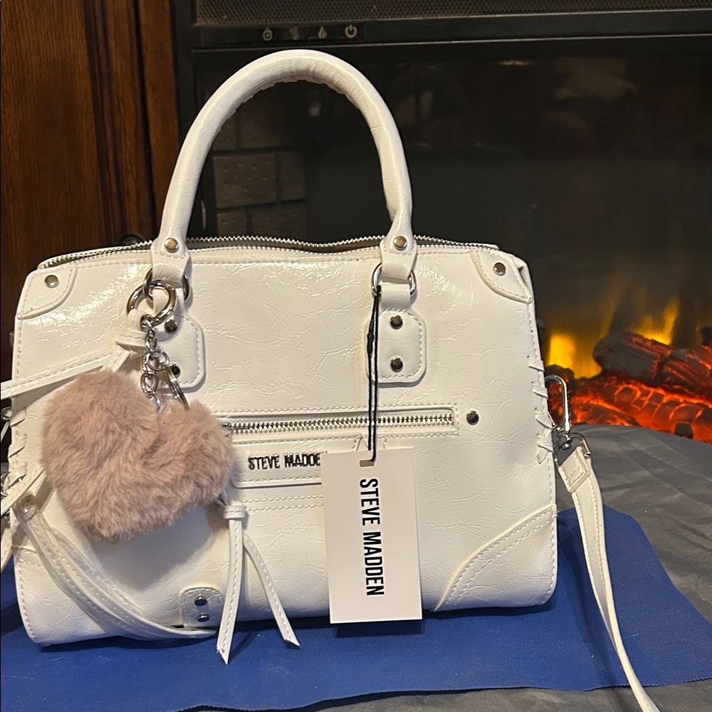 Steve Madden White Satchel with Plush Heart Charm